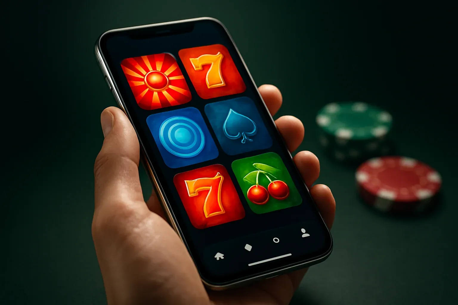 Cinematic flagship Android smartphone showing vivid casino app interface, studio lighting