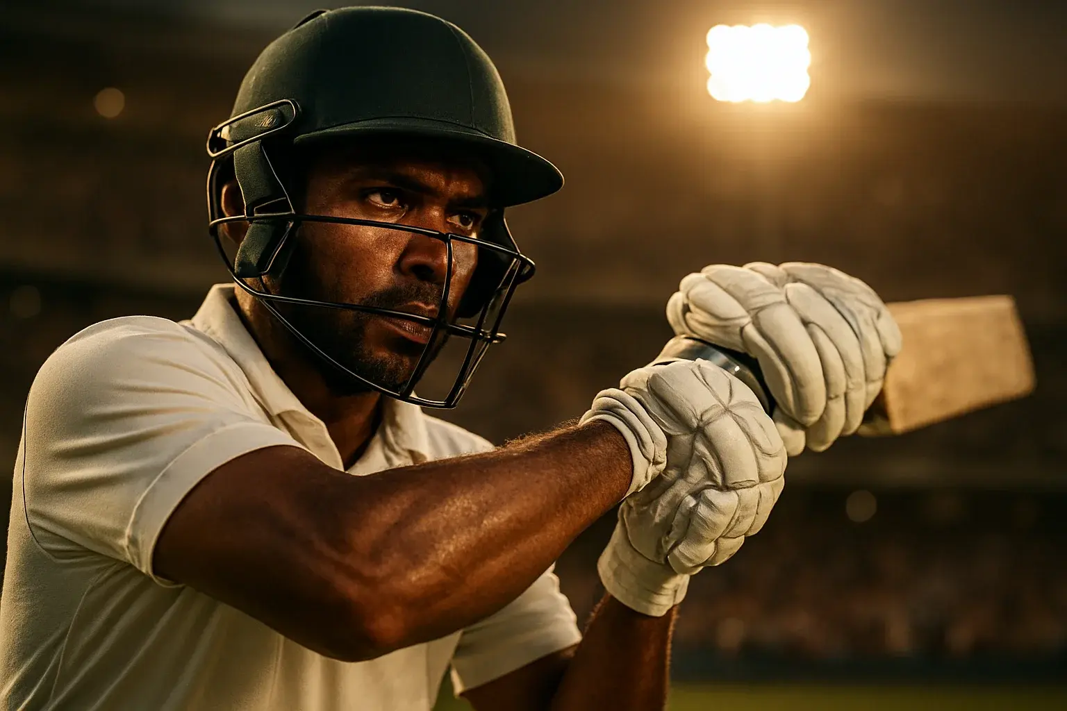 Hyperrealistic close-up of Bangladeshi cricket batsman swinging under stadium floodlights