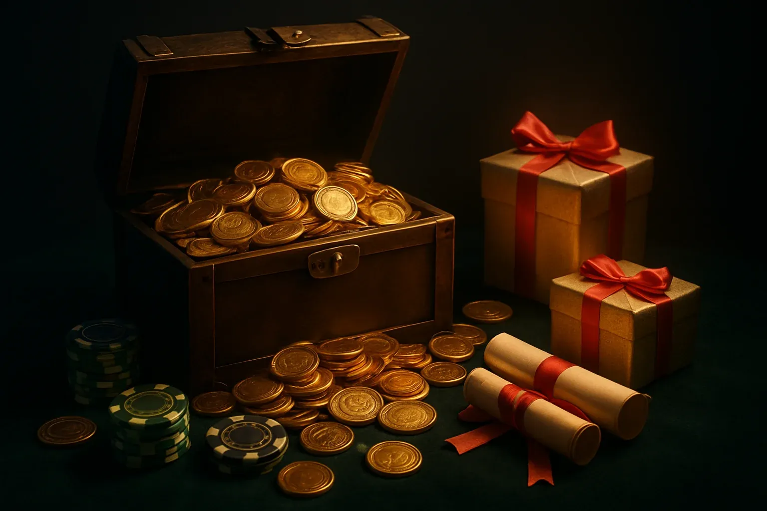 Overflowing treasure chest with gold coins, casino chips, bonus vouchers, gift boxes