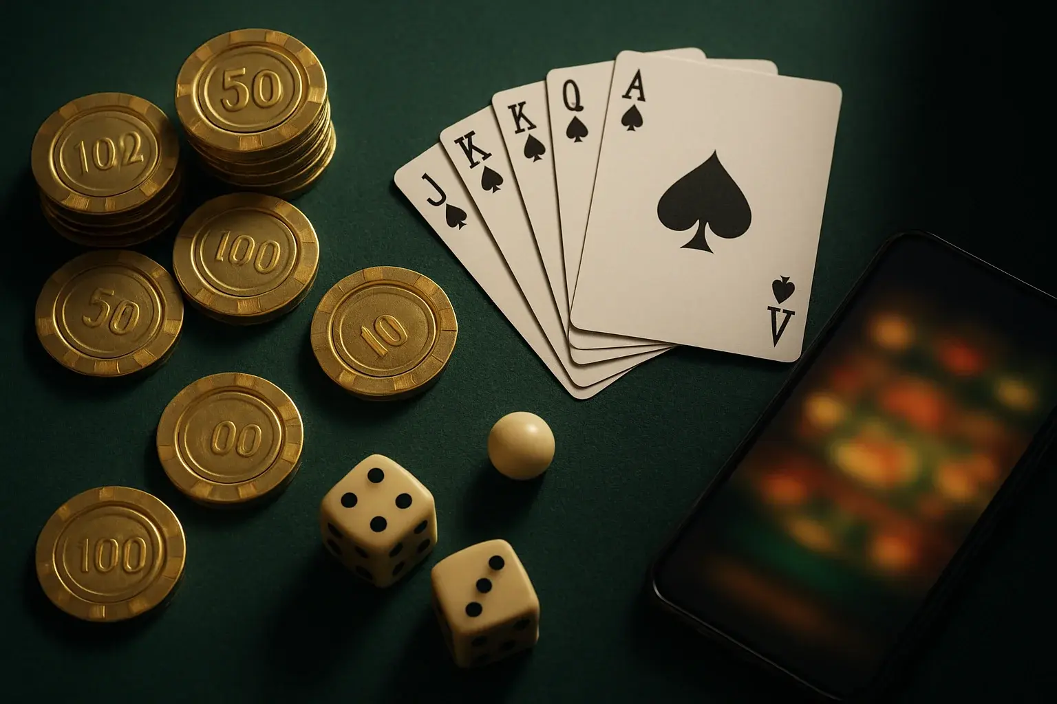Top-down casino table with golden chips, cards, dice, roulette ball, smartphone