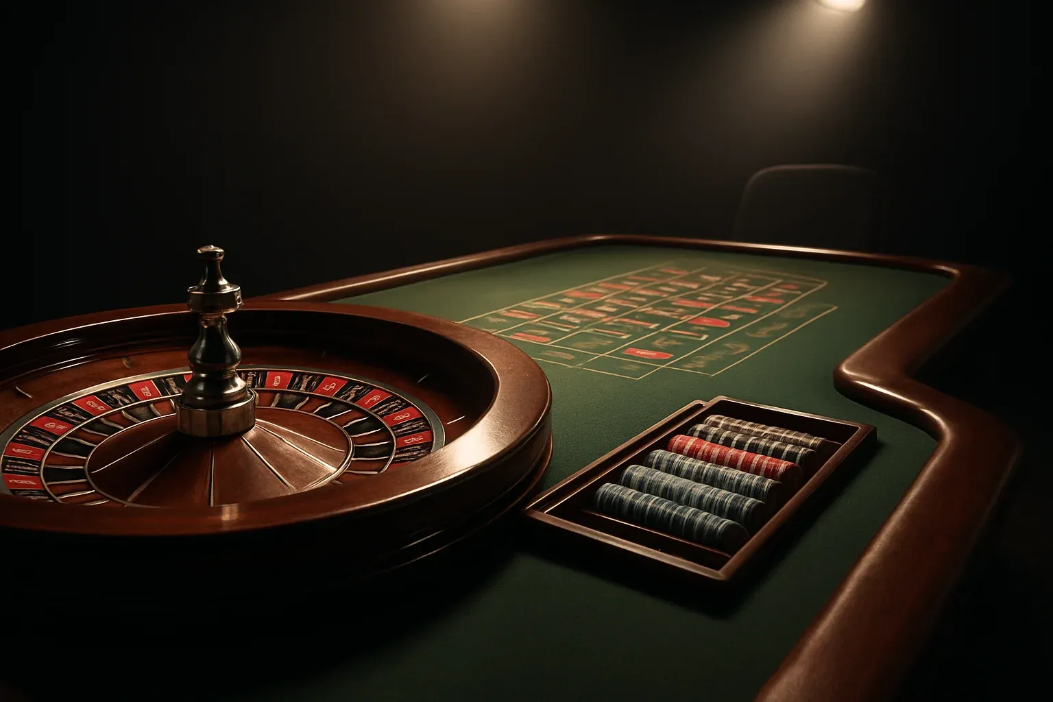 Hyperrealistic wide shot of empty roulette table in premium live casino studio